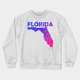 Colorful mandala art map of Florida with text in blue and violet Crewneck Sweatshirt